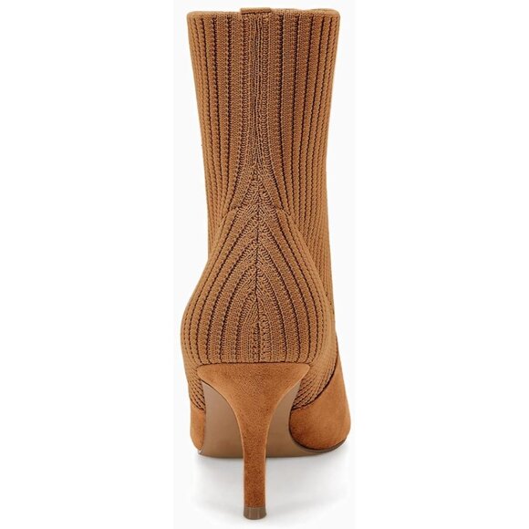 Women's Light Brown Pointed Toe Stiletto Kitten Heel Knit Faux Suede Ankle Boots - Picture 6 of 6